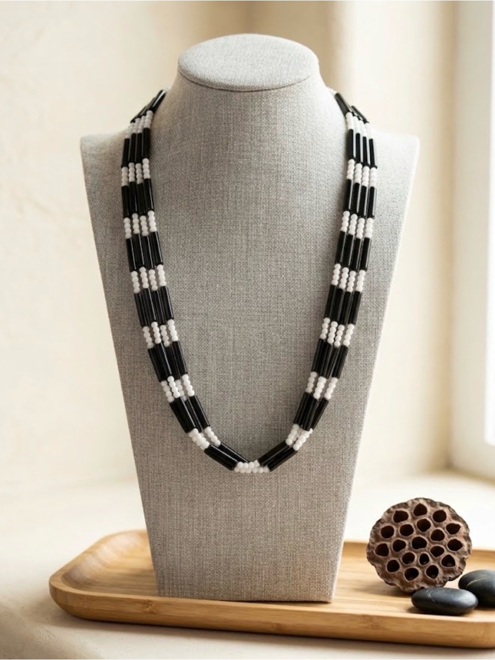 5 for $30 Multi-Strand Black and White Beaded Statement Necklace